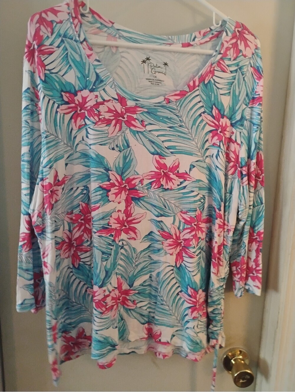 Palm Groves Tropical Floral 3/4 Sleeve Rhinestone Top Size 1X White Blue Pink